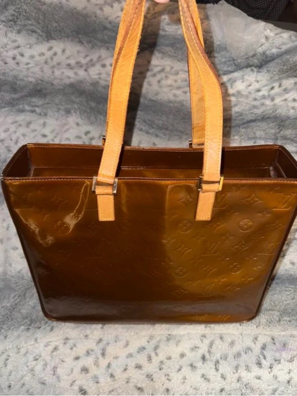 🗣️🔥Louis Vuitton Columbus Brown Patent Monogram Tote with Tan Straps